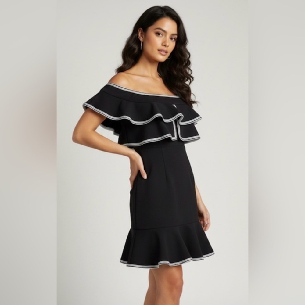 Rebecca Vallance Bonded Crepe Ruffle Off-Shoulder Mini Dress Black Size 8 summer